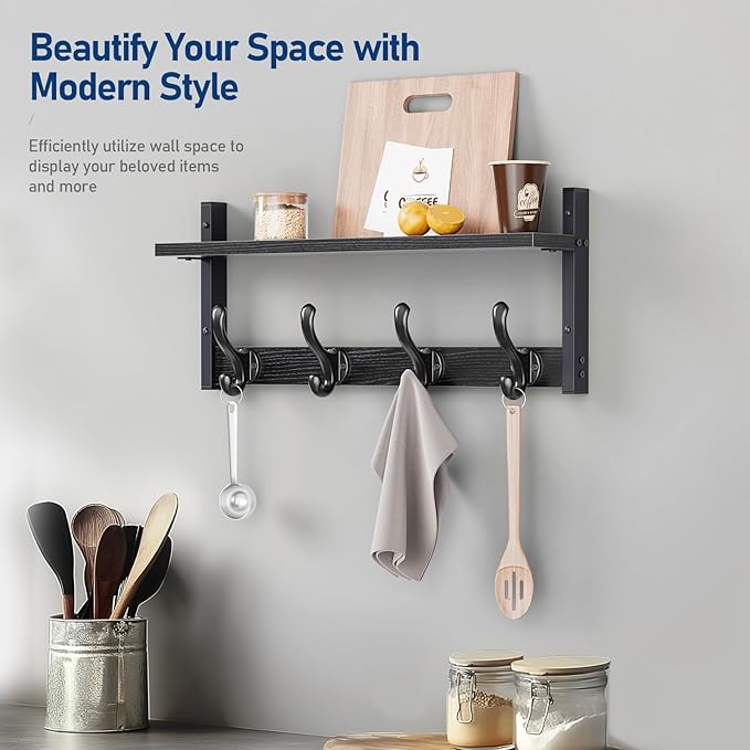 Tatub 20" Rustic Coat Rack Wall Mount with Shelf, Wall Hooks with Shelf, Heavy Duty Entryway Organizer Hangers for Hanging, Hat, Bag, Jacket for Bathroom, Living Room, Bedroom, Black