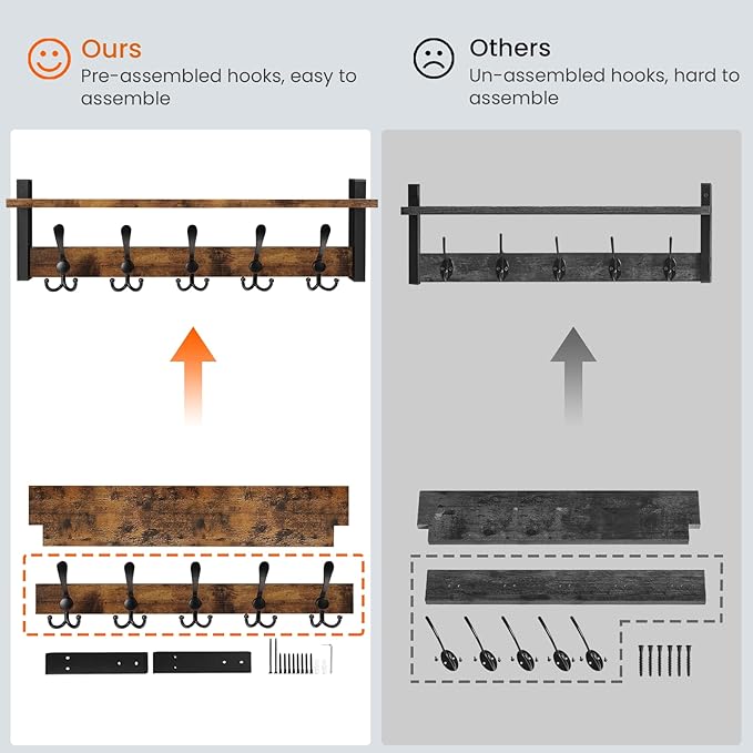 Homode Rustic Brown Wall Mount Coat Rack with Shelf and 5 Tri Hooks, Wood Coat Hangers for Hanging Hat, Towel, Purse, Jacket