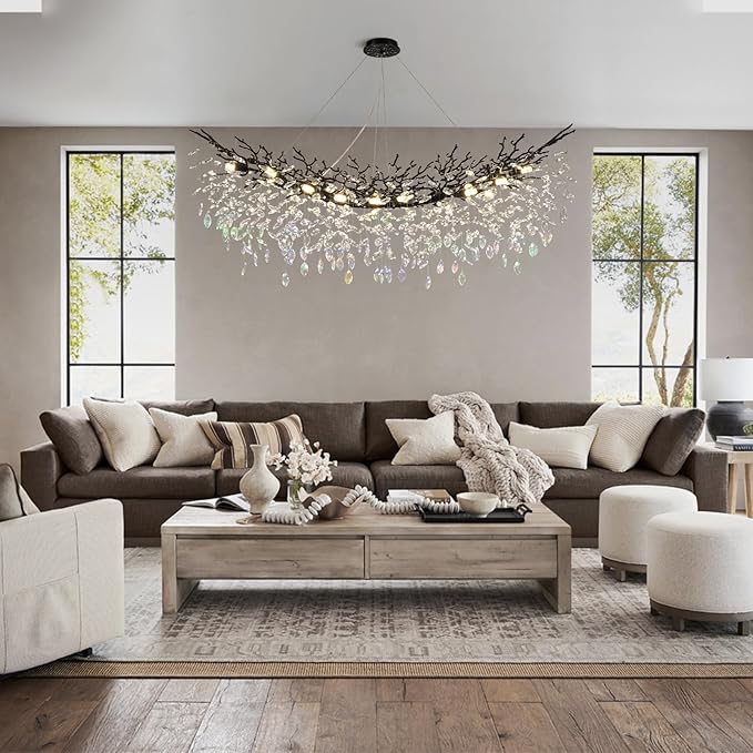 Modern Black Rectangle Crystal Tree Branch Chandelier, 55" 16-Light K9 Crystal Chandeliers for Dining Room, Rectangular Dining Room Chandelier Over Table,for High Ceiling,Kitchen