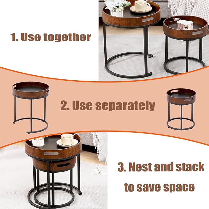 Nesting Coffee Table Set of 2, Small Round Stacking Side Table Set with Metal Frame, Nesting Tables for Living Room Bedroom Office Balcony (Wood, 2)