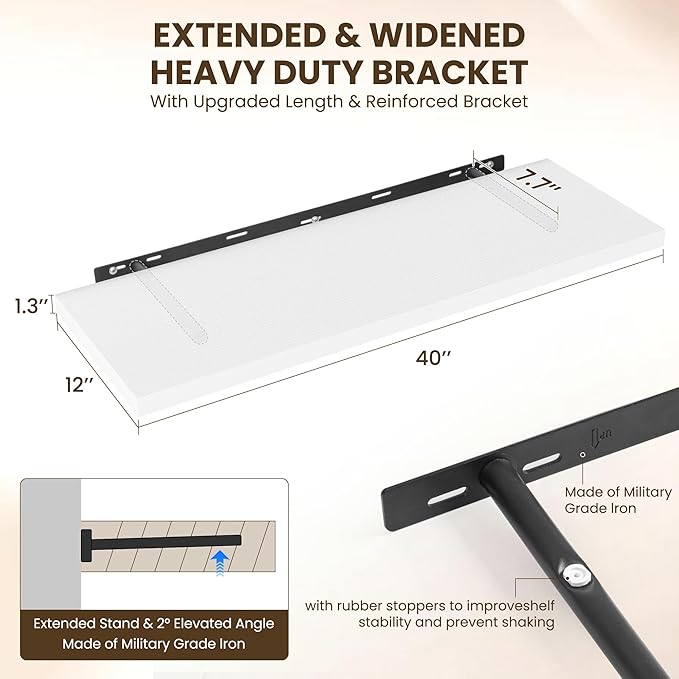 40" Floating Shelves for Wall, 12" Deep Slim White Floating Shelves, Wall-Mounted Shelves for Bedroom, Living Room, Kitchen, Bathroom - Set of 2