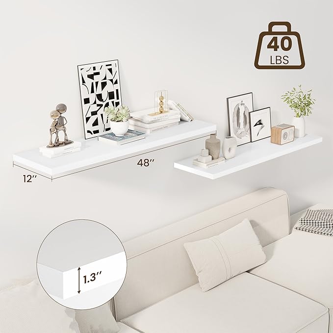 48" Floating Shelves for Wall, 12" Deep Slim White Floating Shelves, Wall-Mounted Shelves for Bedroom, Living Room, Kitchen, Bathroom - Set of 2