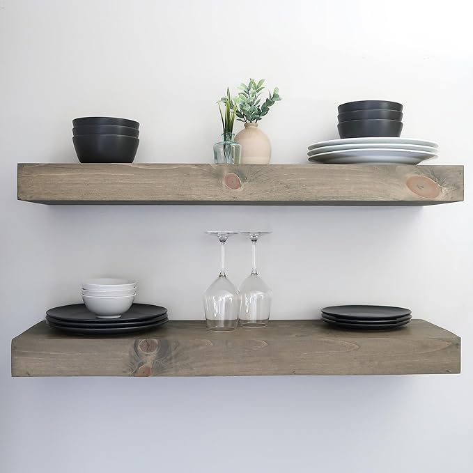 Modern Floating Shelves 3 Inches Thick for Wall, Wide Shelves for Kitchen, Living Room, Bedroom, and Bathroom, Natural Pine Wood, Rustic Wooden Shelf, (Set of 2) (Aged Barrel, 36Lx3Hx8D)