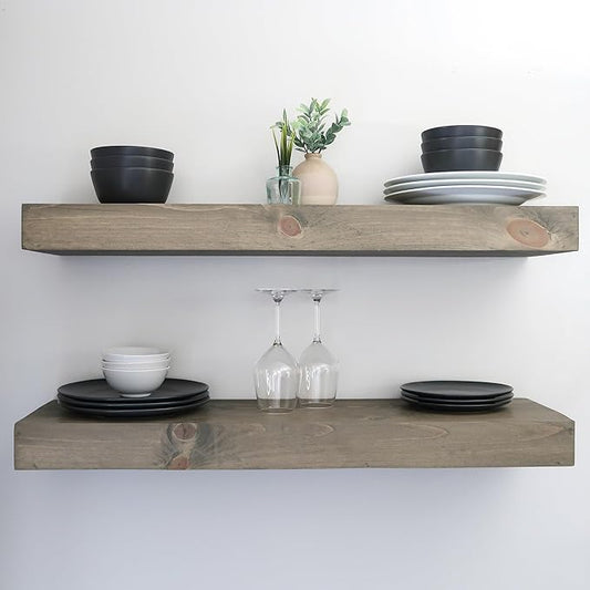 Modern Floating Shelves 3 Inches Thick for Wall, Wide Shelves for Kitchen, Living Room, Bedroom, and Bathroom, Natural Pine Wood, Rustic Wooden Shelf, (Set of 2) (Aged Barrel, 60Lx3Hx8D)