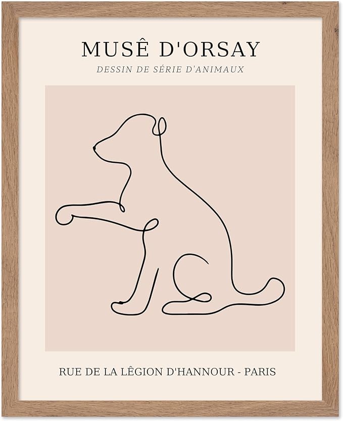 Poster Master Vintage Poster - Retro One Line Dog Drawing Print - Dog Art - Minimal Gift for Men, Women, Animal Lover - Abstract Wall Decor for Home, Office, Bedroom, 8x10 Beige Framed
