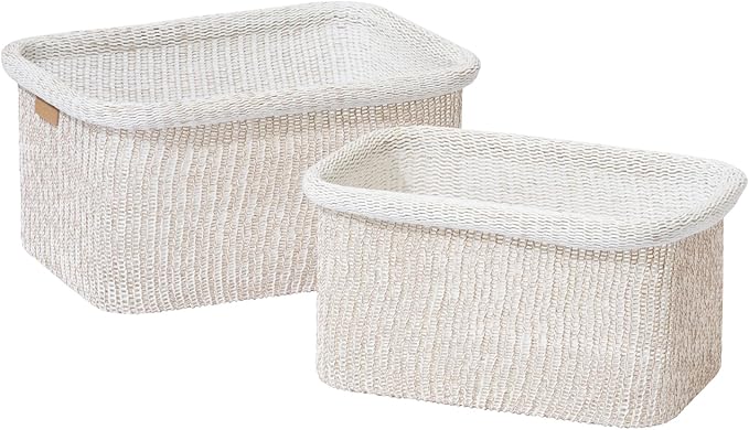 La Jolie Maison Blended Fabric Storage Baskets Set of 2, Rectangle Knitted Baskets for Organizing, Boho Decorative Baskets, Durable Finish, Oatmeal
