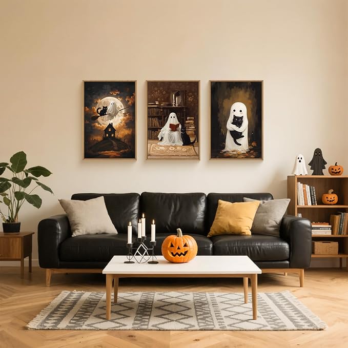 HPNIUB Halloween Ghost Framed Canvas Wall Art Set, Funny Black Cat Poster Artwork, Vintage Spooky Wall Decor, Dark Academia Moon Pictures for Bedroom Living Room Bathroom-16 x24 x3