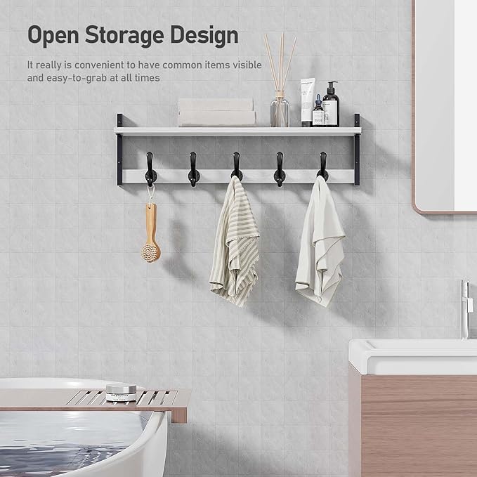 Tatub 29" Coat Rack Wall Mount with Shelf, Entryway Wall Hooks with Shelf, Coat Hangers for Bathroom, Living Room, Bedroom, Rustic White