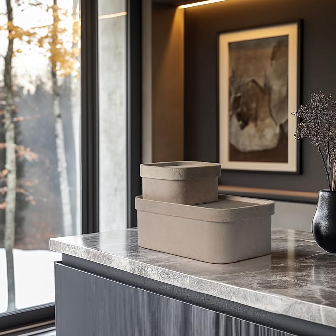 La Jolie Maison Velvet Storage Baskets with Lids, Sturdy Stackable Cardboard Boxes with Decorative Trays, Organizer Bins for Bathroom Bedroom Organizing, Taupe, Set of 3