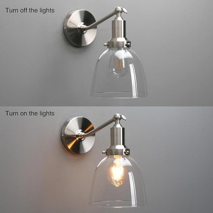 PERMO Industrial Vintage Slope Pole Wall Mount Single Sconce with 6.7" Oval Dome Clear Glass Shade Wall Sconce Light Lamp Fixture (Brushed Nickel)