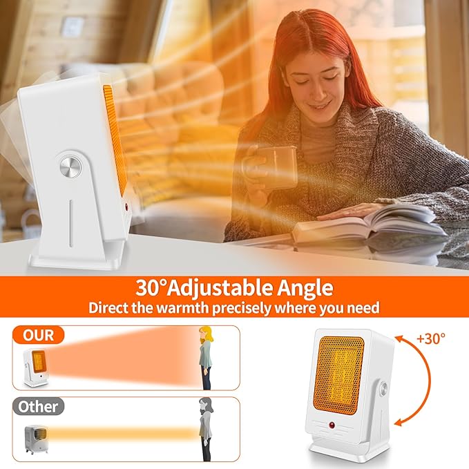 Portable Space Heaters for Indoor Use,Desktop Heater with 900W PTC 2s Fast Heating, 30° Adjustable Angle Design Small Electric Heater Lightweight for Personal, Office,Room,White
