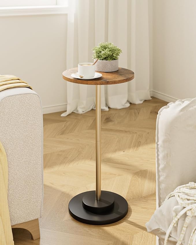 Masupu Drink Table, Round Side Table for Small Spaces, Pedestal Small End Table with Metal Base, for Living Room, Bedroom, Bathroom, Rustic Brown