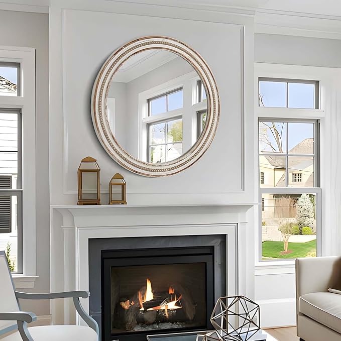 24 Inch Round Mirror - Distressed Vintage Farmhouse Mirror for Bathroom Wall, Living Room, Bedroom & Entryway, Handmade Wood Frame