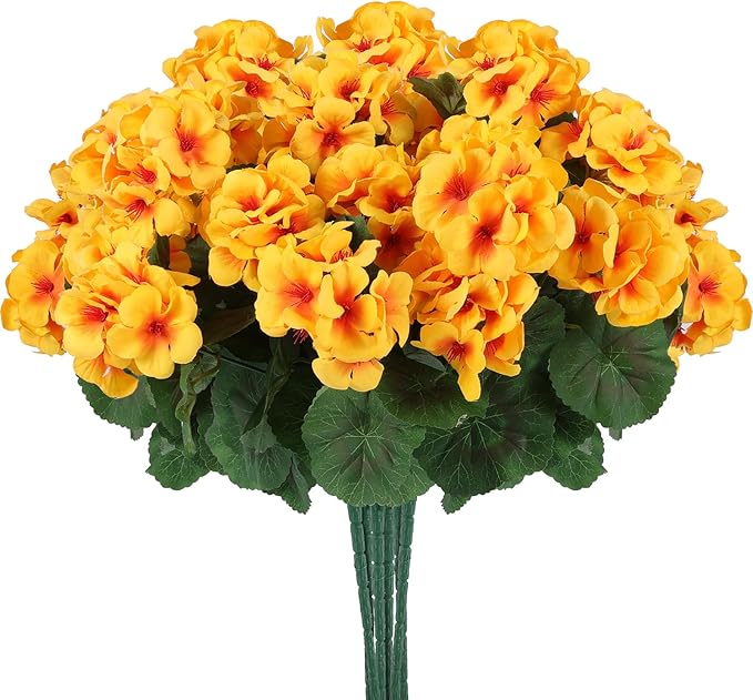 Hananona 12 Pcs Artificial Geranium Flowers for Outdoors Geranium Silk Yellow Flowers Outdoor UV Resistant Garden Plants Faux Fall Flower for Home Kitchen Table Centerpieces Decor (12, Yellow)