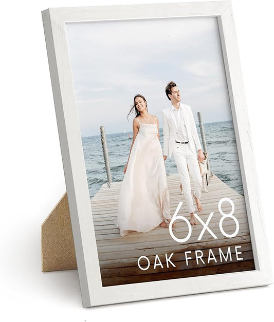 HAUS AND HUES 6x8 White Oak Wooden Picture Frame - 6x8 Poster Frame - Premium Oak, Vertical Hang, Shatterproof Plexiglass - Ideal for Home, Room, Office (6x8 in, White)