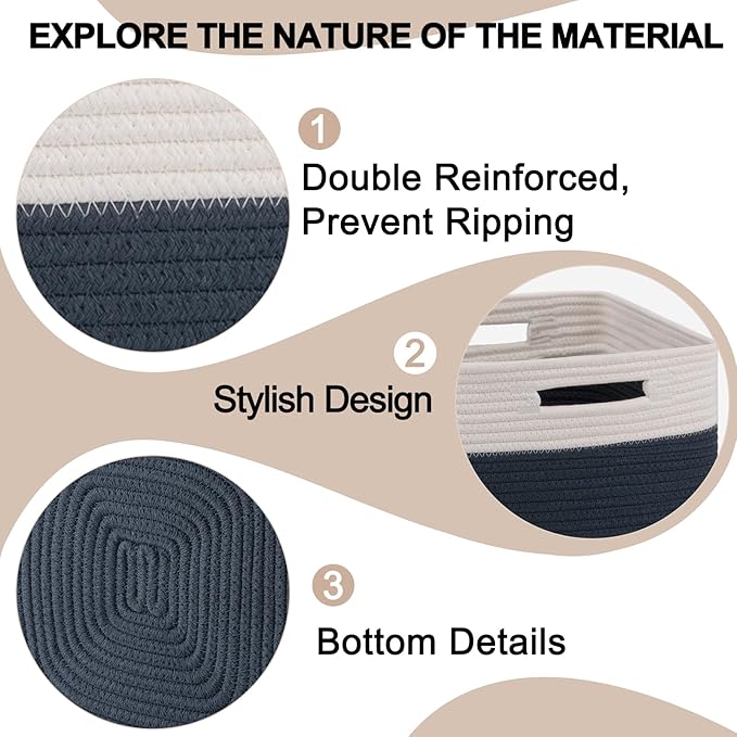 OIAHOMY Cube Storage Basket, 3-Pack Woven Cotton Rope Baskets for Storage, 11-Inch Cube Basket with Handles, Great for Shelves, Closets, Children's Toy Storage and Organization-White & Blue