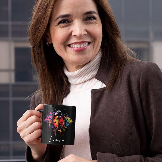 Personalized Choose Name Ladybug Coffee Mug, Colorful Ladybug Animal Design Cup, Customized Ladybug Lover Ceramic Mug, Gift For Christmas, Custom Animal Black Cup 11oz 15oz, Ladybug Mug