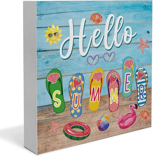 Summer Decor Hello Summer Decorations Flip Flop Wooden Sign Rustic Home Decor 5 x 5 Inches