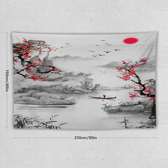Cherry Blossoms Tapestry, Japanese Red Landscape Watercolor Abstract Art, Asian Japanese Wall Tapestry, Nature Landscape Tapestries for Bedroom Living Room Decor 90"x60"
