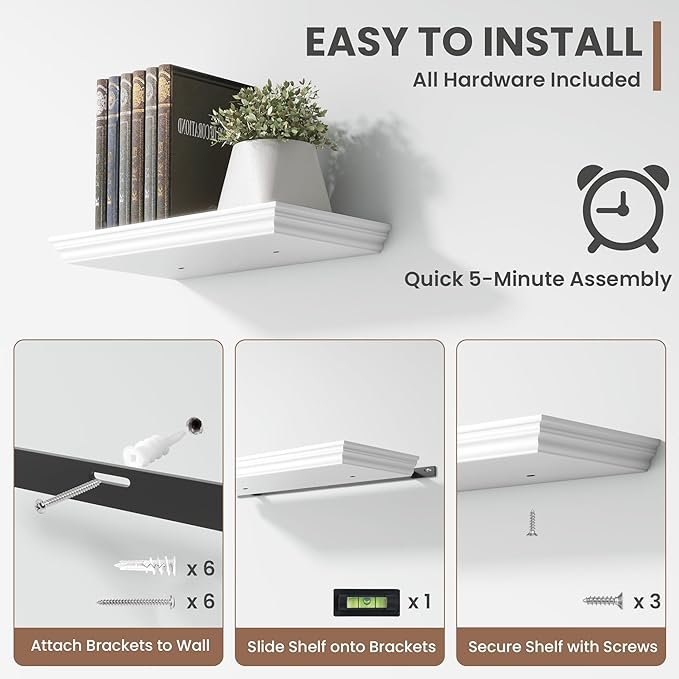 Floating Shelves for Wall, 16 Inch Wall Mounted White Hanging Shelf for Kitchen, Living Room, Office, Bedroom, Bathroom, Retro Vintage Wood Bookshelf for House Decor