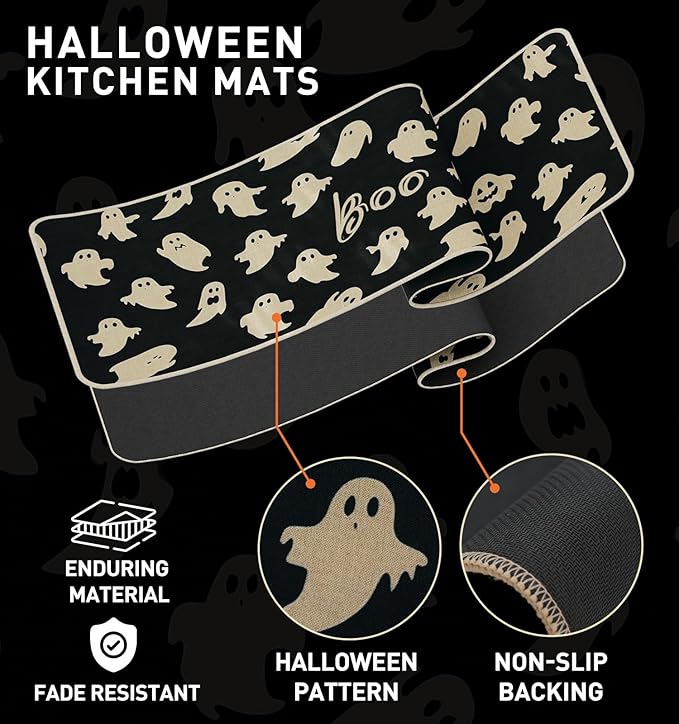 Halloween Kitchen Mat Set of 2, Ghosts Boo Halloween Kitchen Decor, Halloween Rug for Floor, Indoor Spooky Home Decor with Non-Slip Backing,17 x 29 Inch & 17 x 47 Inch