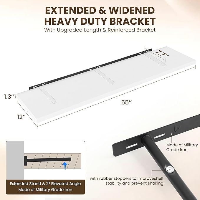 55" Floating Shelves for Wall, 12" Deep Slim White Floating Shelves, Wall-Mounted Shelves for Bedroom, Living Room, Kitchen, Bathroom - Set of 2