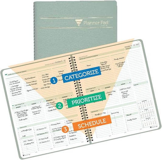 Planner Pad Spiral Bound 3-Tier Funnel Down 12 Month Organizer, October 2025 – September 2026, Greenish Grey Cover/Soft Green Ink, 8 1/2" x 11"