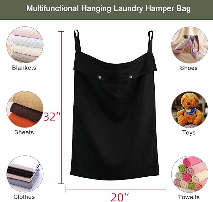 Linen Hanging Laundry Bag, 100% Linen Over The Door Laundry Hamper with Buttons and Zipper, Space Saving Door Hampers for Laundry Dirty Clothes Home Travel, Black
