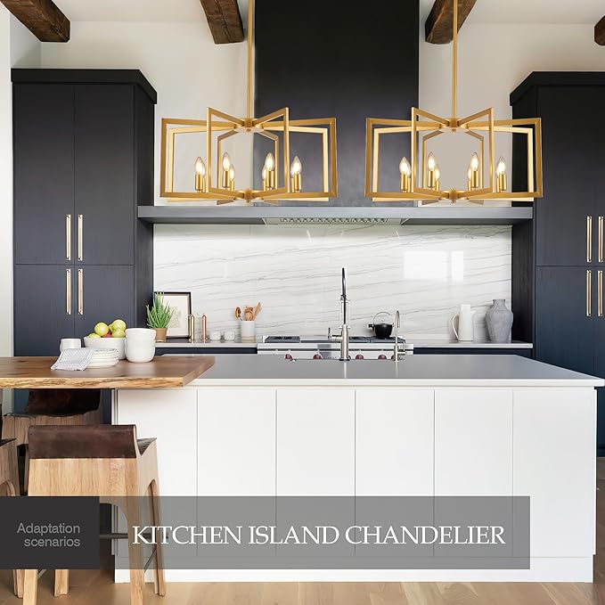 Modern Farmhouse Gold Chandeliers for Dining Room, 8-Light Industrial Metal Chandeliers Geometric Pendant Lights Kitchen Island for Entryway Stairway Foyer Hallway