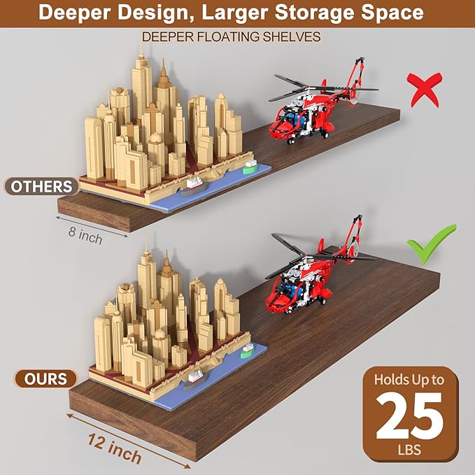 12 Inch Deep Floating Shelves for Wall 1 Pack Floating Shelves Large Storage Space Wall Mount Shelf for Living Room Kitchen Bathroom 30" W x 12" D x 1.2" H Walnut