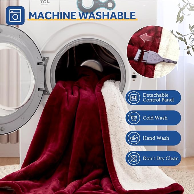 Sealy Electric Blanket Throw Size 50"*60",Super Cozy Flannel to Sherpa Reversible Heated Blanket Throw with 6 Heating Levels & 2-10 Hours Auto Off Overheating Protection Machine Washable,Red