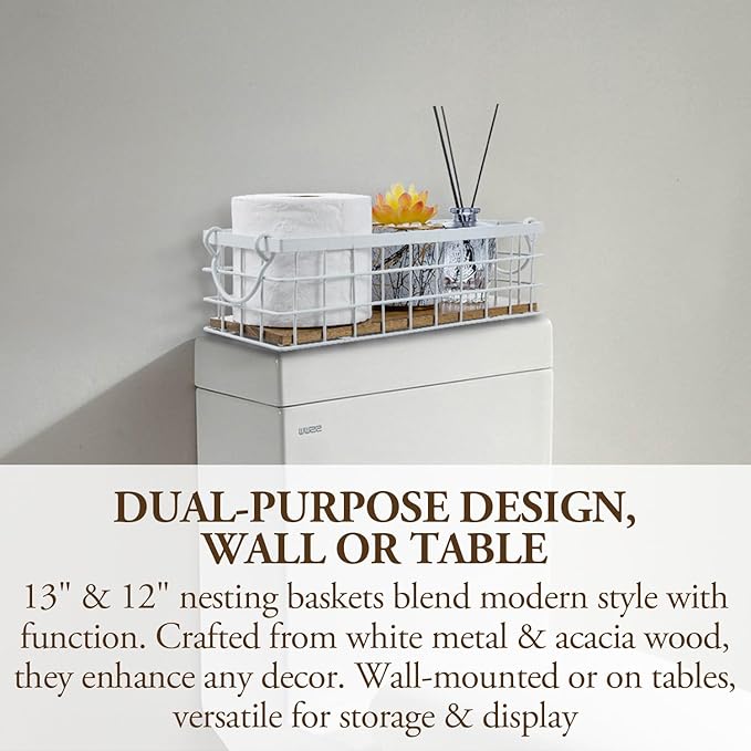 MyGift 13 and 12 Inch Nesting Storage Baskets with Handles, Wall Mounted or Tabletop White Metal Wire and Premium Acacia Wood Decorative Shelf Organizer Bins, 2 Piece Set