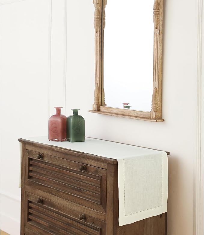 Solino Home Linen Ivory Table Runner 48 Inches - Classic Hemstitch, 100% Pure Linen Coffee Table Runner 14 x 48 Inch Ideal for Dresser Tables - Fall, Autumn, Halloween, Thanksgiving