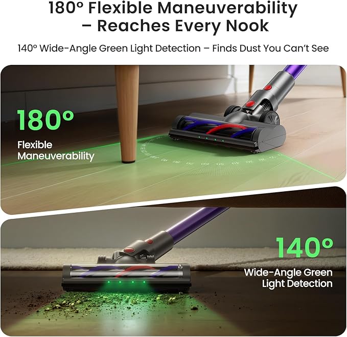 Xlife 550W Cordless Vacuum Cleaner 48KPa Powerful Suction, Long Runtime, Green Light Dust Detection, Adjustable Stick, Tangle-Free Brush for Pet Hair/Carpet/Hardwood Floors-P12