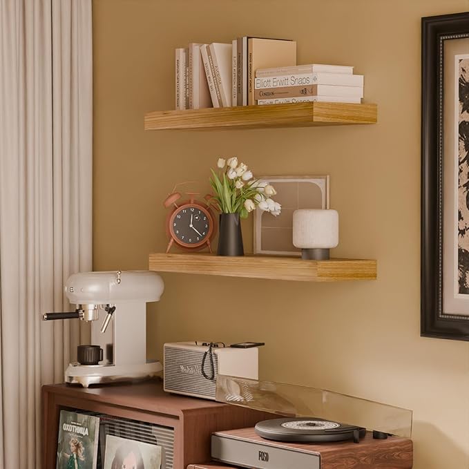 IAE Floating Wall Shelves 16 inch,Bathroom Shelves Wall Mounted,Invisible Shelves Floating Kitchen Shelves,Wooden Wall Shelves with Brackets for Living Room Wall Mounted,Easy Install,Set of 2,Natural