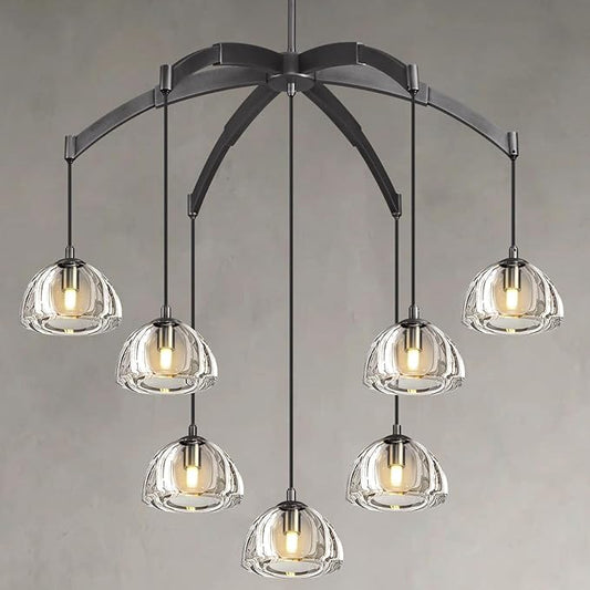 Modern Crystal Chandeliers, Black Round Chandelier for Dining Room, Large Arc Chandelies for Living Room, 7-Light Dining Room Light Fixture 34" Pendant Light Chandelier for Staircase Bedroom
