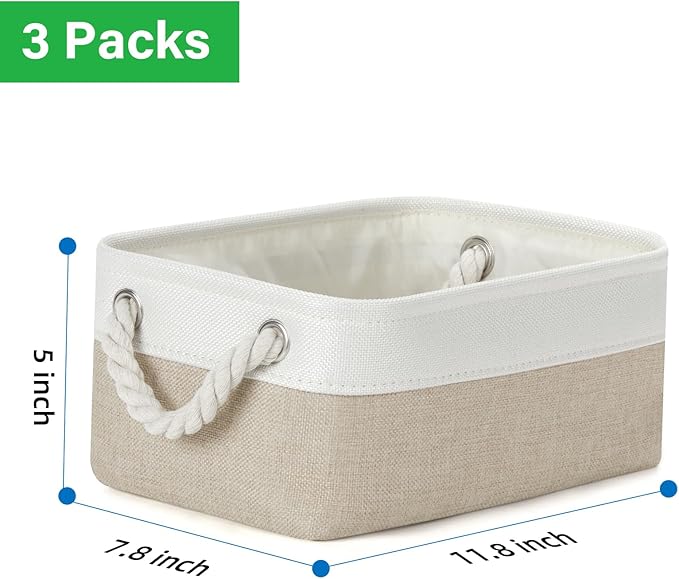Bidtakay Small Baskets Fabric Storage Baskets for Organizing 3-Pack 12x8x5 Inch Collapsible Storage Bins for Shelves Canvas Bins for Closet Organization Baskets Storage Linen Closet S-White&Beige