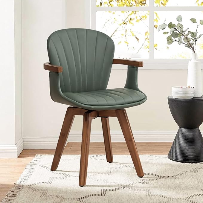 LUNLING Swivel Dining Chairs, Mid Century Modern Green Faux Leather Kitchen Chairs with Arms,Bamboo Legs Side Chairs No Wheels,Accent Chair for Dining Rooms and Offices,1PCS