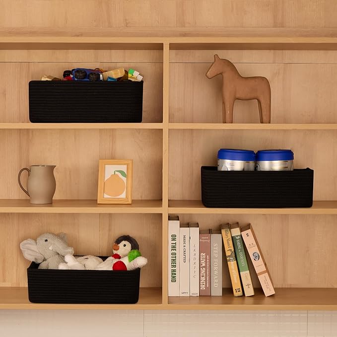 Large Shallow Organizing Baskets 15x11x5.1 Inches - Rope Woven Storage Bins for Bathroom, Shelves, Cube Closet, Black 2 Packs