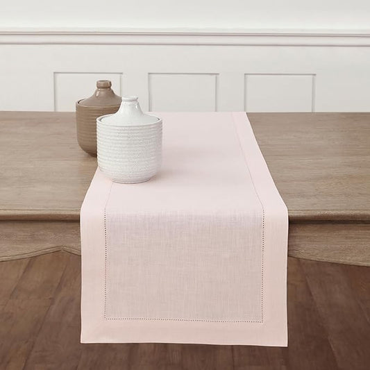Solino Home Linen Pink Table Runner 48 Inches - Classic Hemstitch, 100% Pure Linen Coffee Table Runner 14 x 48 Inch Ideal for Dresser Tables - Halloween