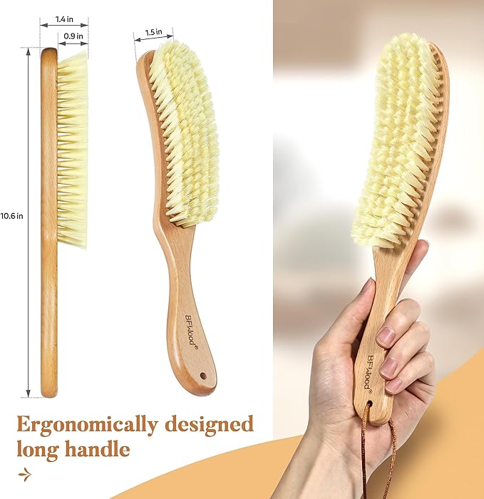 BFWood Clothes Brush - Bristle Lint Brush for Suits, Cashmere, Wool, Velvet, Suede and Pet Hair - Large Beech Wood Handle
