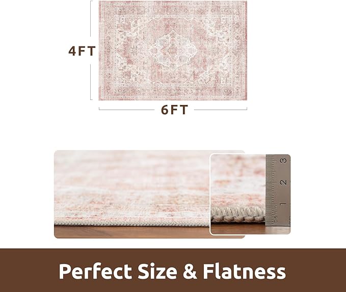 AMOAMI 4x6 Soft Vintage Area Rug - Non-Slip Washable Rug for Living Room, Bedroom, Dining Room, Office - Pink