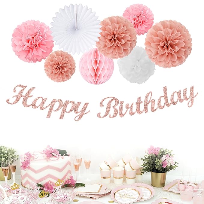 Light-Pink Rose-Gold Birthday Garland Party-Decorations - 14pcs Happy Banner Women Paper Flowers Lanterns Tissue Pom Poms,Streamers Fans Honeycomb Girls Adult Women Kids Hanging Supplies Decor Hugfond