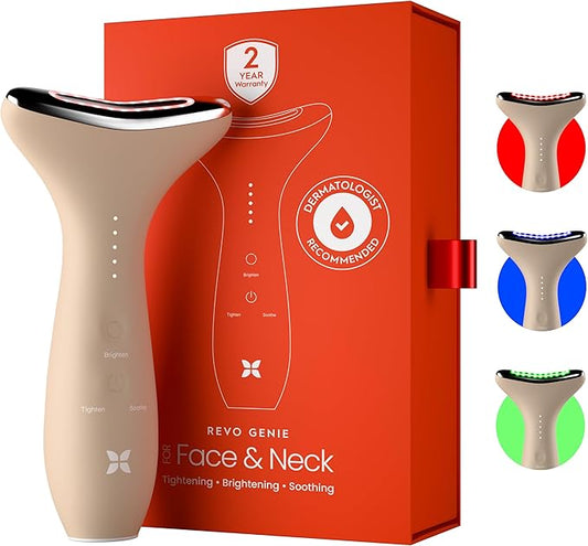 REVO Genie | Face & Neck Beauty Massager with Ultra Powerful LEDs for Wrinkles, Fine Lines, Puffy Skin, Uneven Skin Tone, Lymphatic Drainage, Lifting & Firming Facial Sculpting Tool with Light Therapy