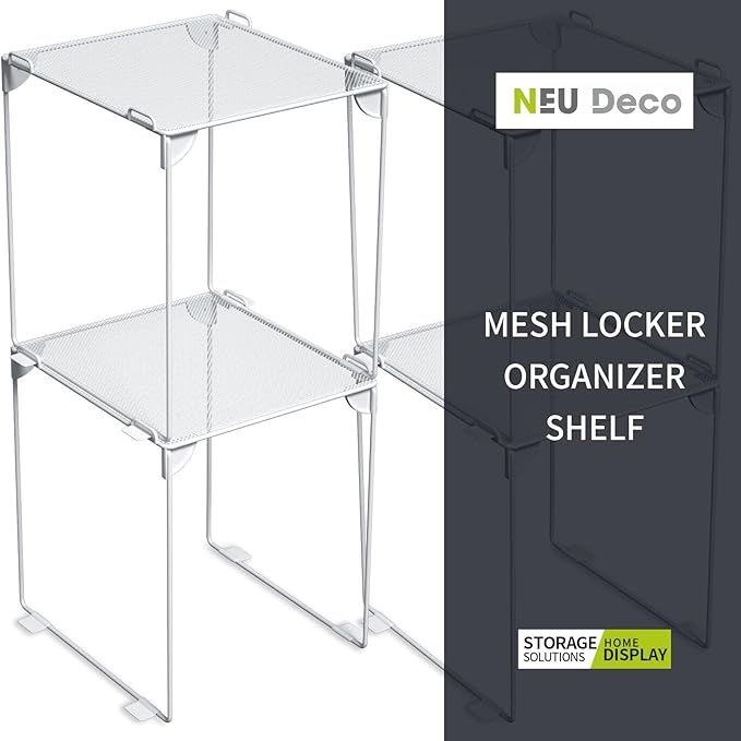 Neudeco Pack 2, Mesh Locker Shelf, Stackable Extra Tall Locker Organizer, Collapsible and Metal Mesh Build, Fits Standard Size, Suitable for School, Work, Kitchen, Bathroom (White)