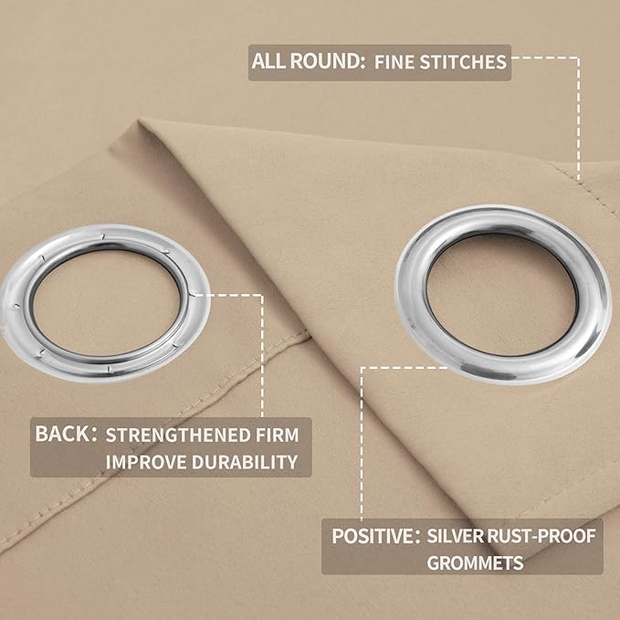 Easy-Going Blackout Curtains for Bedroom, Solid Thermal Insulated Grommet and Noise Reduction Window Drapes, Room Darkening Curtains for Living Room, 2 Panels (52x63 in,Beige)