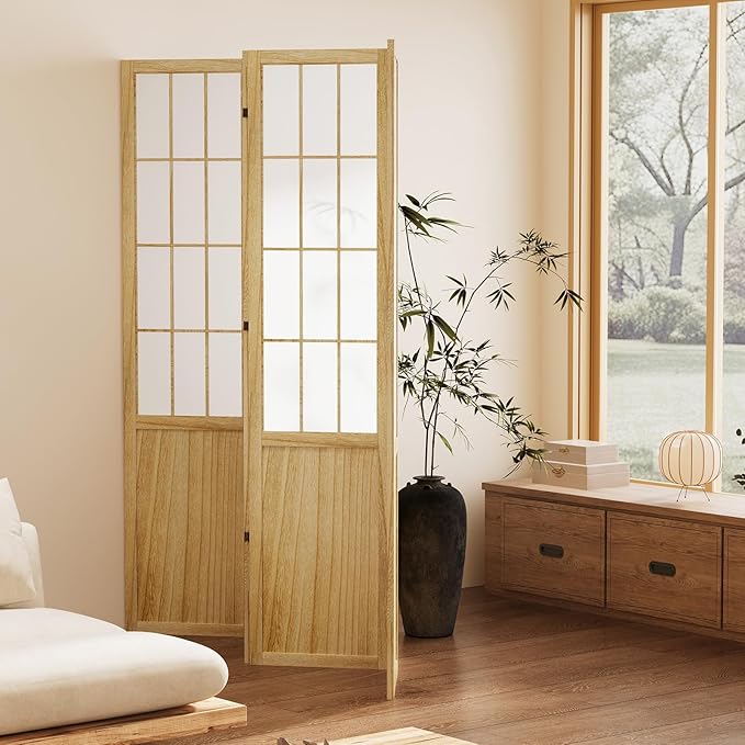 5.6FT Room Divider and Folding Portable Partition Screen, Chinese Japanese Shoji Style for Room Separation - 4 Panel (Natural)