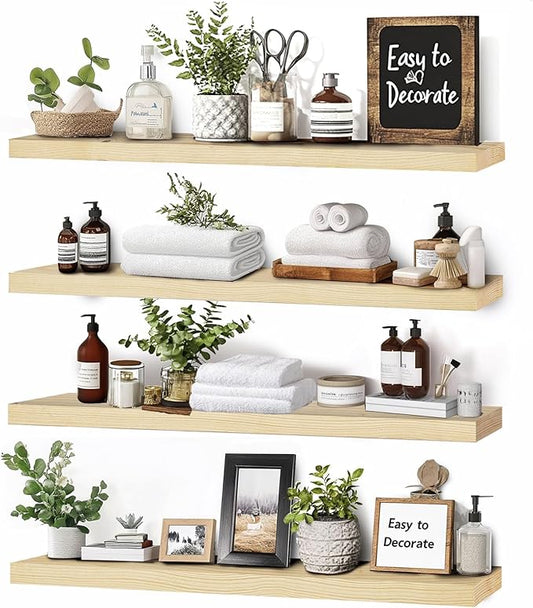 Floating Wall Shelves 4-Pack - Rustic Wood 16-inch Wooden Wall Shelves for Storage and Décor, Multi-Functional and Easy to Install for Living Room, Bedroom, and Kitchen