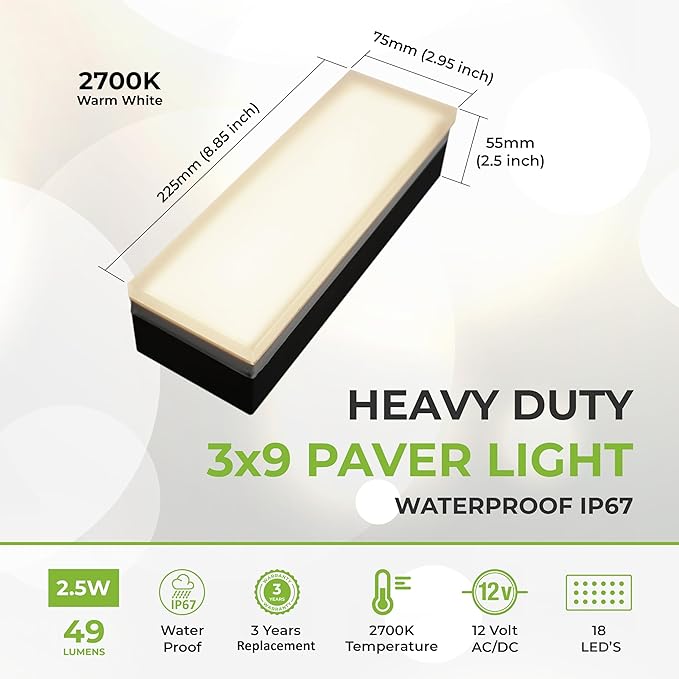 LUMENGY Paver Light 3×9 Inch (2.95 inch X 8.85 inch), Warm White Glare-Free Illumination for Driveways, Pathways, Pool Deck & Patios,12V AC/DC, Waterproof & Drive-Over Rated