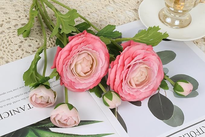 IPOPU 4PCS Real Touch Hot Pink Ranunculus Artificial Flowers Faux Ranunculus Flowers for Vase Real Look Silk Peonies Fake Peony Flowers for Home Indoor Wedding Centerpieces for Table Decor (Rose Red)